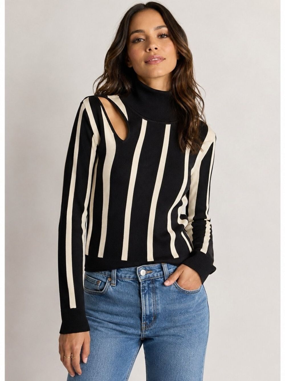Striped Cutout Turtleneck Sweater - Black & Cream